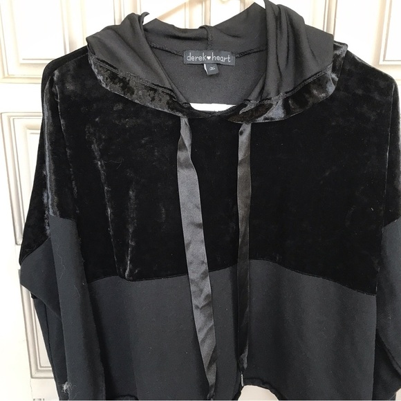 Derek Heart Hoodie SzL Velour/Cotton Contrast Ribbon Drawstring Cropped Lt Weigh - Picture 5 of 6